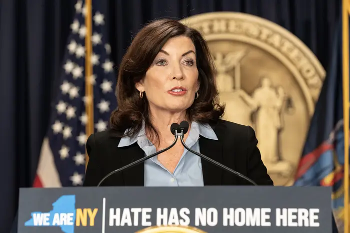 Governor Kathy Hochul speaks after signing bills targeting hatred and intolerance, new education initiatives for people convicted of committing hate crimes. A new Siena College poll shows 45% of those polled said they have a favorable view of Hochul, compared to 43% unfavorable.